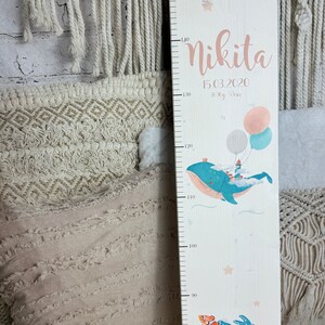 Vara de medição infantil baleia fofa, motivo oceano, personalizada, 70 cm-160 cm, madeira maciça pintada de branco, presente de nascimento, batismo ou aniversário