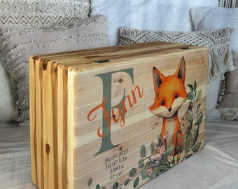 Coffre à jouets XXL, boîte à souvenirs 60x40x24cm renard, personnalisé avec nom et dates de naissance