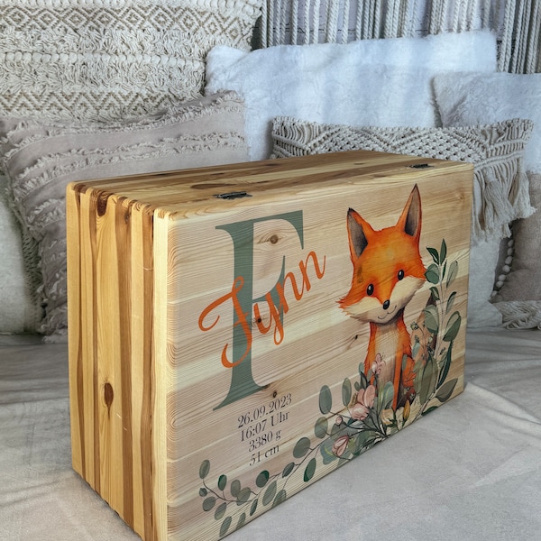 Coffre à jouets XXL, boîte à souvenirs 60x40x24cm renard, personnalisé avec nom et dates de naissance