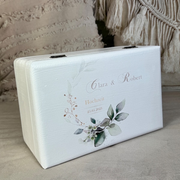 Hochzeitsbox Floral, Zweige Kranz Eukalyptus, mit Namen l Datum personalisiert,  Geschenk zur Hochzeit für Brautpaar, Verpackung aus Holz