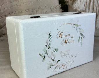 Hochzeitsbox Schlichter Kranz, floral, mit Eukalyptus Kranz und Namen l Datum personalisiert,  Geschenk zur Hochzeit für Brautpaar