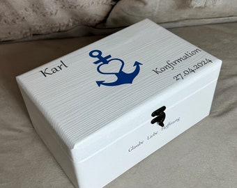 Erinnerungskiste zur Kommunion weiß, mit Symbol für Liebe Hoffnung Glaube, Geschenk zur Geburt, Taufe oder Kommunion / Konfirmation