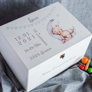 Caja de recuerdos osito en la luna, blanca, personalizada con nombres y fechas de nacimiento, idea regalo de Navidad