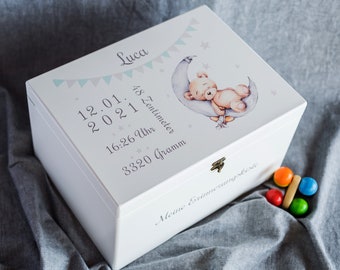 Memory box Teddy Bear on the Moon, white, personalized with names and dates of birth