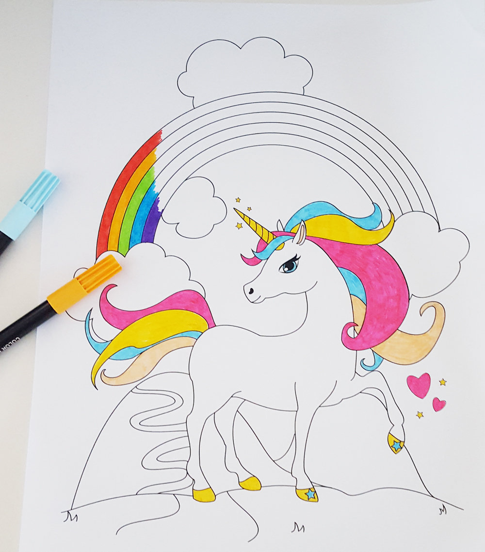 printable unicorn and rainbow coloring page fantasy etsy