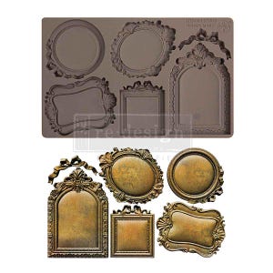 May include: A brown silicone mold with various ornate frame designs. The mold includes oval, rectangular, and arched shapes, along with several finished frames in a metallic gold color. The text "ITEM NO. 677619 ORNATE MINIS" is visible.