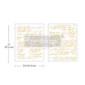 May include: Two 8.5 by 11 inch sheets of gold script writing on a white background. The sheets are for use with a craft project like decoupage or mixed media.