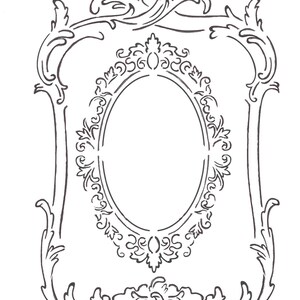 May include: A black and white line drawing of an ornate oval frame with a decorative design. The frame is made of swirling lines and curves, creating a classic and elegant look.