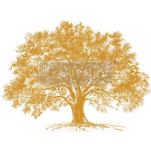 May include: A detailed illustration of a large, golden oak tree with a thick trunk and many branches. The tree is drawn in a vintage style with a textured, slightly rough appearance.