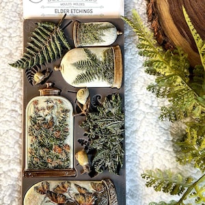 May include: A silicone mold with six different designs for crafting. The designs include a fern, a snail, and three different glass domes with fern, butterfly, and dragonfly designs. The mold is labeled "Decor Moulds Elder Etchings".