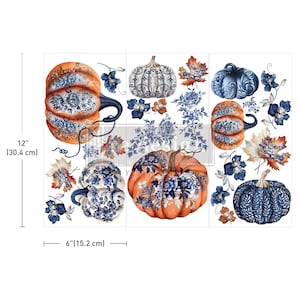 May include: A sheet of decorative pumpkin decals, 12 inches (30.4 cm) high and 6 inches (15.2 cm) wide. The pumpkins are orange with blue and white floral patterns. Includes blue flowers and fall leaves.