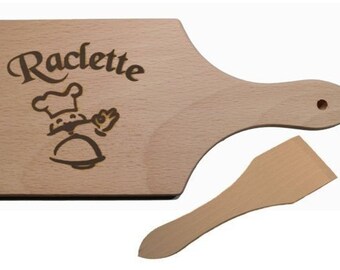 Raclette-Set 8er Holzbrettchen mit Stiel und Holzschaber