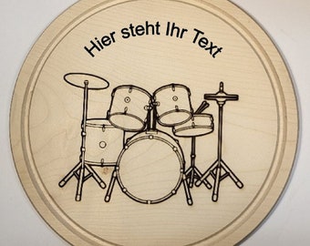 Holz Schneidebrett rund mit Saftrille aus Ahorn 28 cm mit Drummotiv und Personalisierung