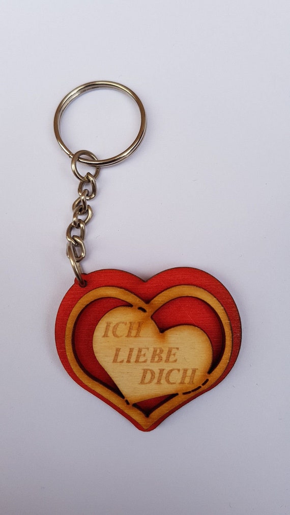 Schlüsselanhänger /"NAME/" mit Wunschgravur aus Holz mit HERZ /& ich liebe dich