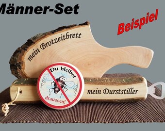 Männer-Set Holzbr.,Flaschenöffn.,Bierde. m.Gravur