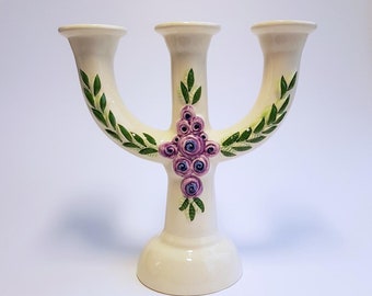 Triple Candelabras with Floral Motifs - Elegant Ivory Ceramic Candle Holders with Different Accents. Rosa Ljung.