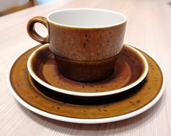 Gustavsberg COQ brown trio by Stig Lindberg, tea cup saucer and plate set, mid century modern Scandinavian design