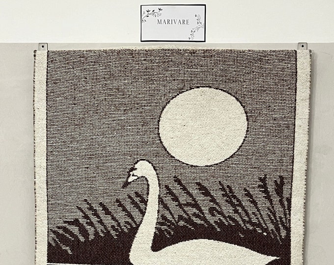 Monochrome Linocut Print Art Tapestry - Swan and Moon in Night Sky, Minimalist Wall Art. Koskisen kutomo OY.