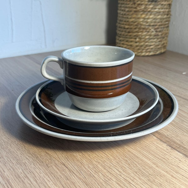 Rörstrand Sweden Retro Striped Ceramic Cup and Saucer Set - 3 Sets Available, Vintage 1970s Design.