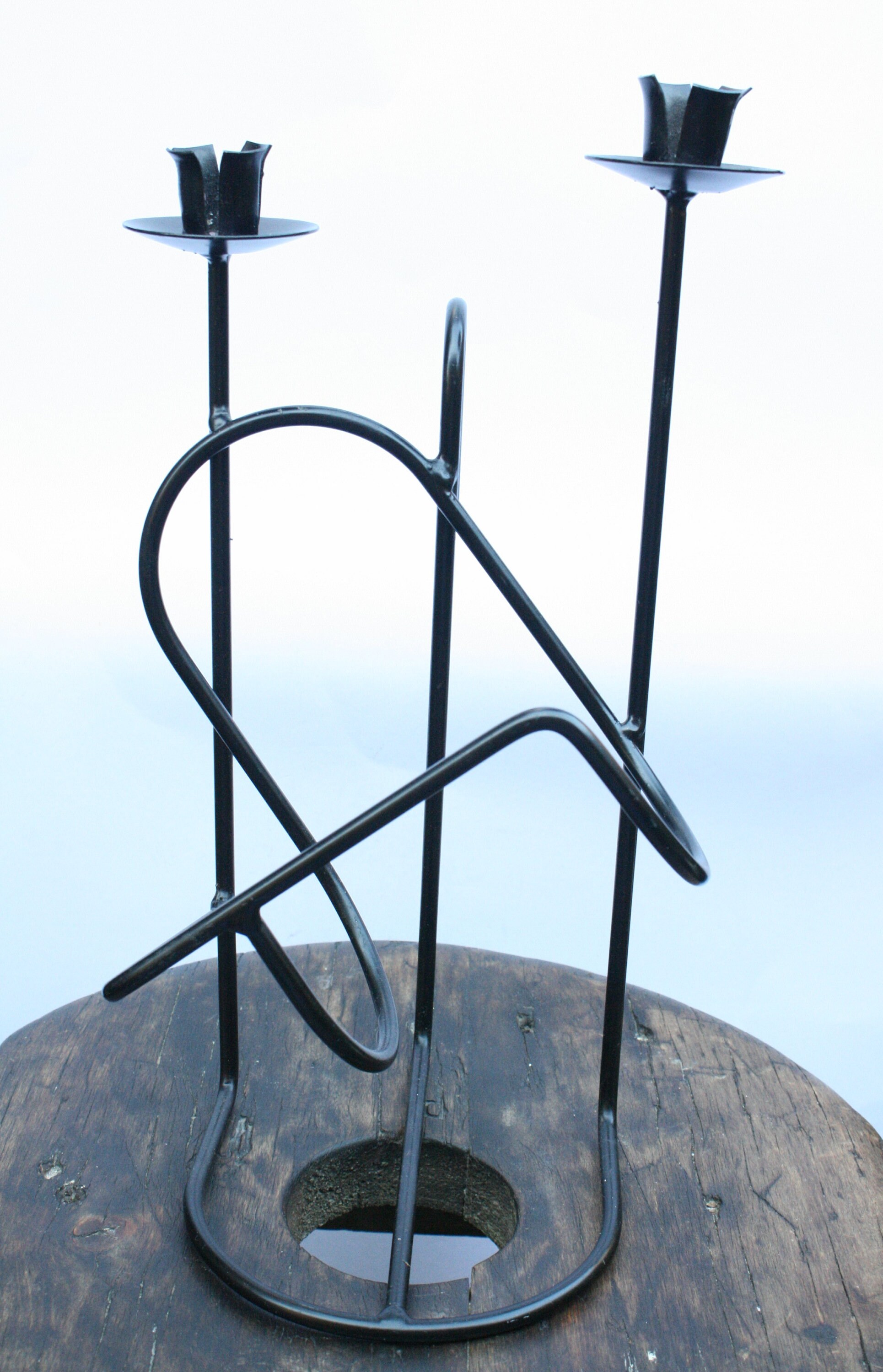 Black Metal Candle Holder, Mid Century Handmade, Abstract Shape Free