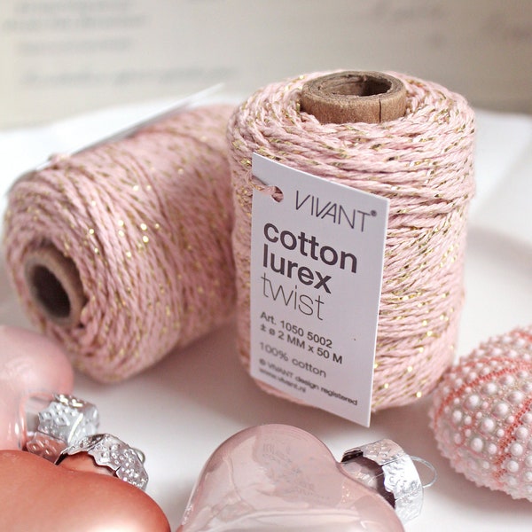 0,11Euro/m  50m Bäckergarn Baumwolle Bakers Twine Cotton LUREX Candy rosa gold pink Spule Baumwollkordel Dekokordel DIY Scrapbooking