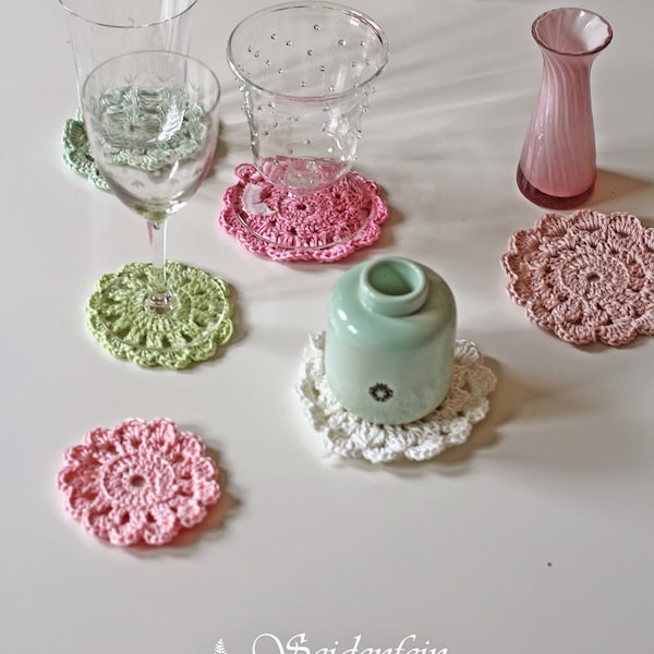 Evas gehäkelte Blüten Untersetzer Flower Coaster Häkeldeckchen Farbwahl Baumwolle 8 - 9cm