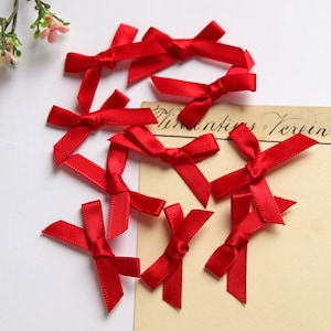 Könnte beinhalten: Eine Ansammlung kleiner, leuchtend roter Satin-Schleifen auf einer weißen Oberfläche. Die Schleifen sind ordentlich gebunden, mit sichtbaren Schlaufen und Enden. Ein Zweig mit kleinen rosa Blüten befindet sich in der oberen linken Ecke.