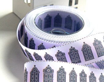 1 m Decorative Ribbon AMSTERDAM 40 mm White Black with Wire Edge Taffeta Tape Vintage Houses DIY Scrapbooking Packaging