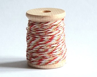 Spool with Bakers Twine 1 mm 3 colors "scandi" red cream white 10 m cotton cord wooden spool 4 cm