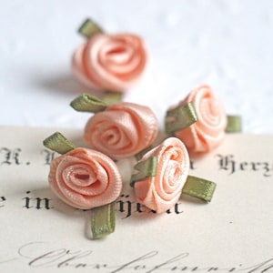 Könnte beinhalten: Nahaufnahme von mehreren kleinen, pfirsichfarbenen Satinrosen mit grünen Bandakzenten. Die Rosen sind auf einem Vintage-Papierhintergrund angeordnet und erzeugen eine zarte und romantische Ästhetik. Ideal für Bastelarbeiten oder Verzierungen.