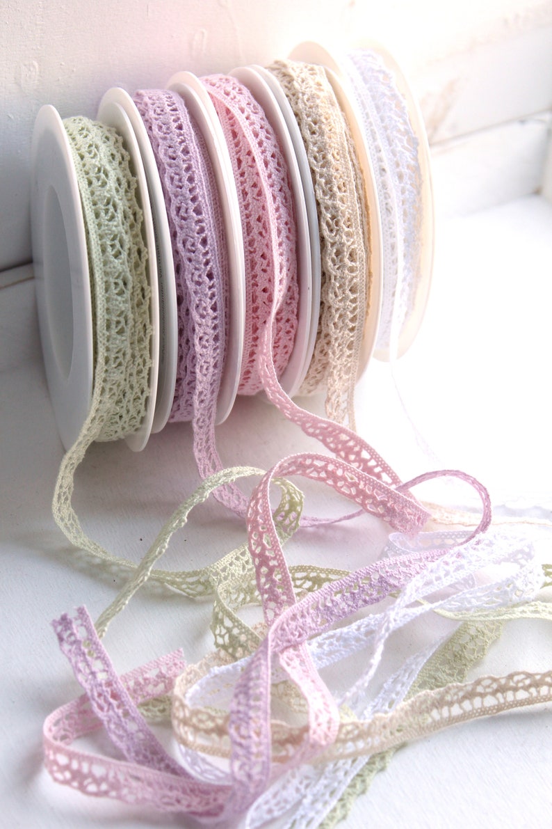 1.7Eur/meter fine vintage lace cotton lace bobbin lace 1 cm border washable white cream pink old pink green sewing decoration Halbach silk ribbons 2083 image 1