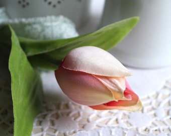 1,90Eur/St   2x hübsche naturnahe Tulpe 16cm apricot Seidenblume Vintage Frühling Ostern Kunstblume