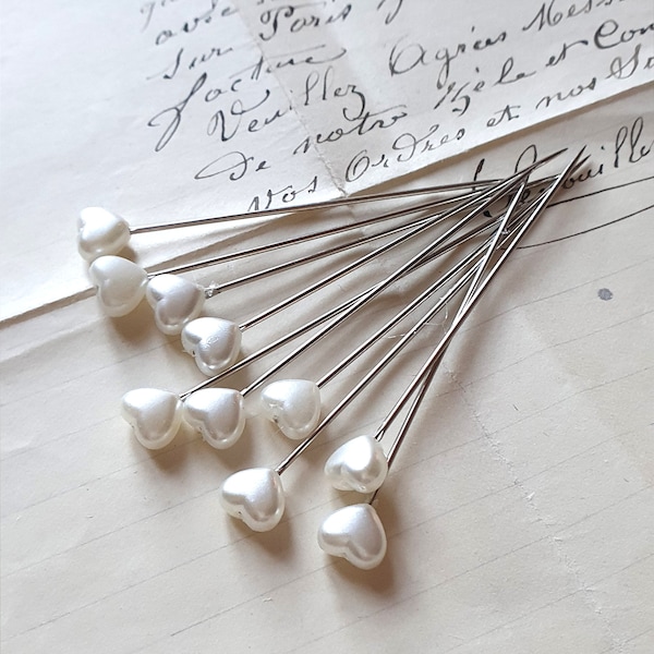 0,28Eur/St  10 Perlkopfnadel Herz creme 8mmx65mm | Hochzeit Corsage Pins | Pearl Headpins | Bridal Bouquet Pin | DIY Wedding | Floral Supply