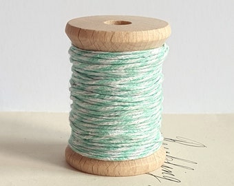 Bobina con Bakers Twine 1 mm 2 colores "mint" 10 m cordón de algodón bobina de madera 4 cm