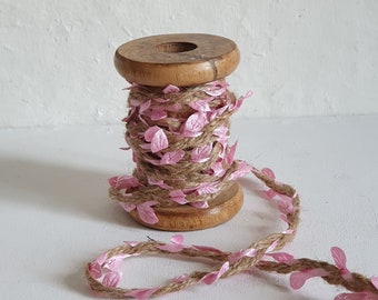 2m Blättchenband 1,20Eur/m Satinblätter Girlande 3cm Satin rosa mit Jute Dekoband Kordel Geschenkband basteln dekorieren