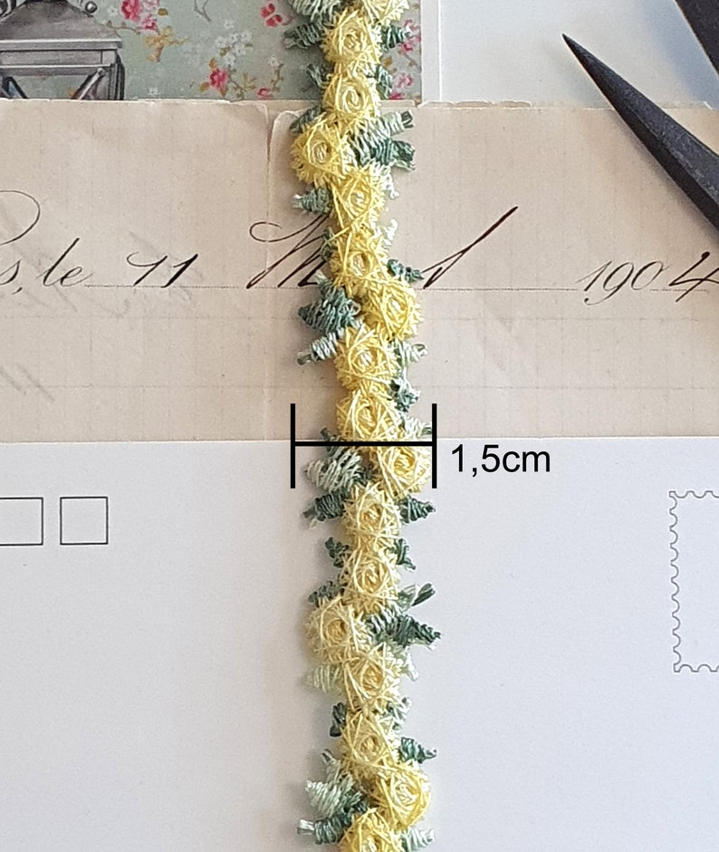 je 1m zauberhafte gestickte Rosenborte Spitze 15mm Vintage gelb pastell grün Borte Applikation Nähen Vintage Stil waschbar Nr.6 Bild 6