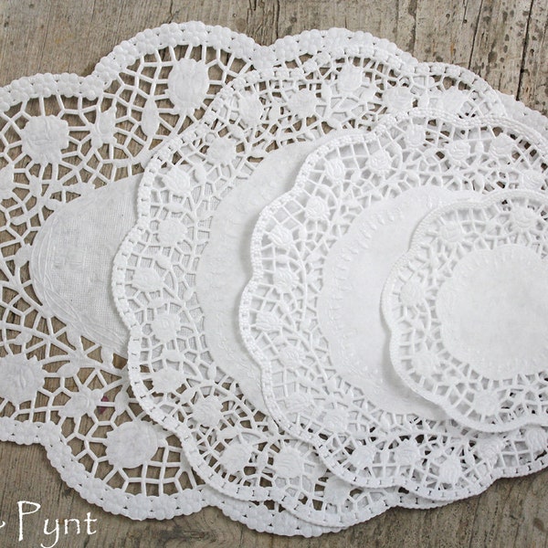 0,10-0,30EUR/St   zarte Papierdeckchen weiß verschiedene Größen Doilies Papierspitze Rosendekor Deckchen Deko Verpackung Kuchendeckchen