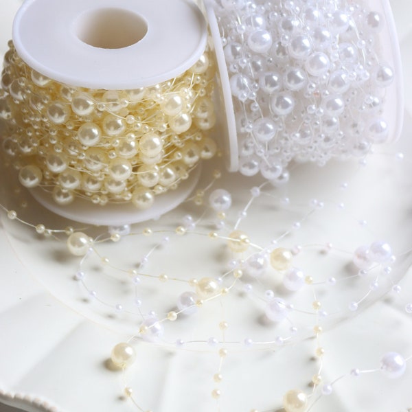 Perlenschnur 2m 1,10EUR/m Perlenkordel weiss creme  Perlenband Perlen 3&8mm Hochzeit Kunststoff Perlengirlande Tischdeko Floristik