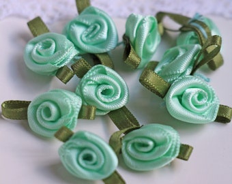 0.28Eur/piece 10 small satin roses mint blue green 1 cm satin roses florets rose satin ribbon roses flower applique decoration sewing DIY RD