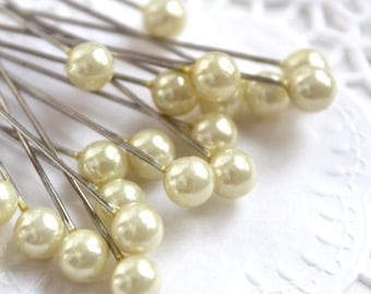 0,11 Eur/St  20 Perlkopfnadel 6mm vanille gelb | yellow | Pearl Corsage Pins | Pearl Headpins | Bridal Bouquet Pin | Floral Supply GY