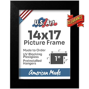 May include: Black 14x17 inch picture frame with a 1 inch wide frame. The frame is made to order with UV blocking plexiglass and preinstalled hangers. The frame is American made.