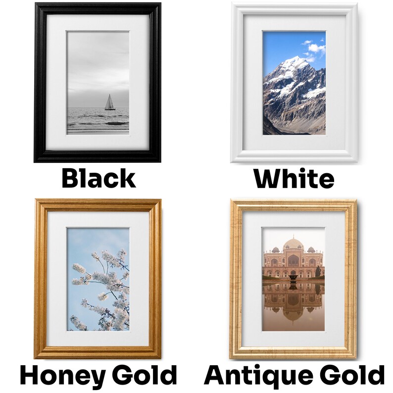 Puede incluir: Cuatro marcos de fotos en diferentes colores: negro, blanco, dorado miel y dorado antiguo. Cada marco tiene una imagen diferente en su interior.