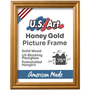 May include: A honey gold picture frame made of solid wood with UV blocking plexiglass and preinstalled hangers. The frame measures 1.75 inches wide and .87 inches high. American Made.