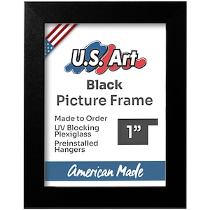 May include: A black 1-inch wide picture frame with a matte finish. The frame is made in the USA and features UV blocking plexiglass and preinstalled hangers. The frame is made to order.  "U.S. Art" and "American Made" are printed on the frame.
