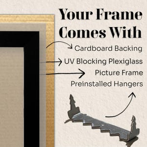 May include: A black picture frame with a cardboard backing, UV blocking plexiglass, and preinstalled hangers. The frame is made of wood and has a simple, modern design.