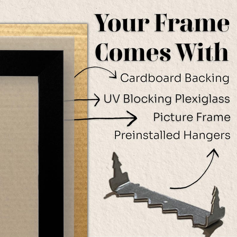 May include: A black picture frame with a cardboard backing, UV blocking plexiglass, and preinstalled hangers. The frame is made of wood and has a simple, modern design.