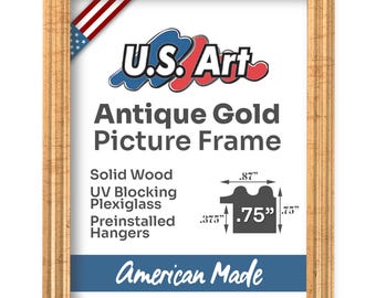Vintage Antique Gold Frame Solid Wood Picture Frame for Wall Art with UV Blocking Plexiglass and Preinstalled Hangers for Wall Decor