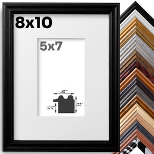 May include: Black picture frame with a white mat and a 5x7 inch opening. The frame is 8x10 inches and has a simple, classic design. The frame is shown with a close-up of the frame's profile, which is 0.87 inches wide, 0.75 inches tall, and 0.375 inches deep.