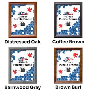 May include: Four different wood picture frames with a blue and red jigsaw puzzle inside. The frames are distressed oak, coffee brown, barnwood gray, and brown burl.