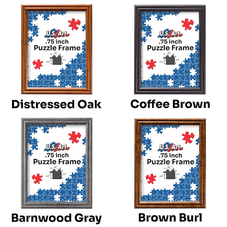 May include: Four different wood picture frames with a blue and red jigsaw puzzle inside. The frames are distressed oak, coffee brown, barnwood gray, and brown burl.